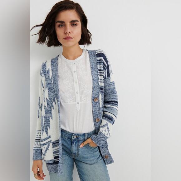 Lucky Brand Blue/White Aztec Print Button-Down Sweater - Picture 2 of 16